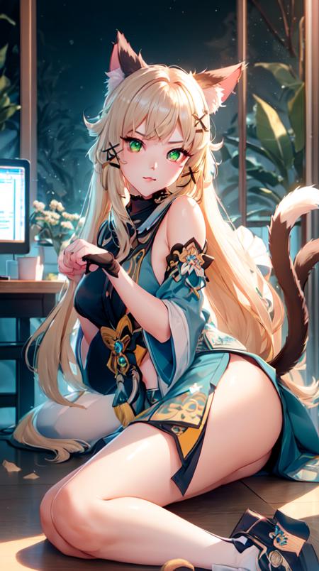 kirara /(genshin impact/), 1girl, Headshot, angry,
animal ears, bell, blush, cat paws, cat tail, detached sleeves, green eyes, hair ornament, long hair, paw_shoes, sitting, solo, multiple tails, x hair ornament, 
(extremely detailed CG unity 8k wallpaper, masterpiece, best quality, ultra-detailed, best shadow, volumetric lighting), (beautiful detailed face, beautiful detailed eyes), High contrast, high saturation, (best illumination, an extremely delicate and beautiful),
mksks style, beautiful background, temperate rainforest, office building, night,