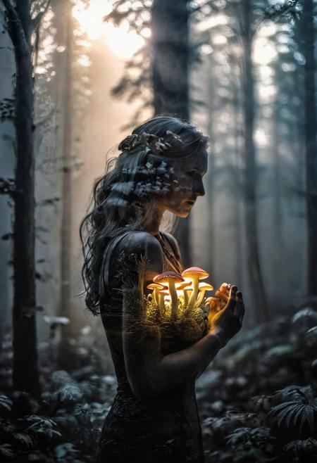 "Mystic Forest Double Exposure":
Capture a magical forest scene with a Canon EOS R5 and a 24-70mm f/2.8 lens, focusing on glowing mushrooms, ethereal creatures, and light beams. Double expose this with a silhouette of a mystical figure, shot with a 50mm f/1.2 lens, backlit by the soft forest light. Enhance the image with Stable Diffusion, adding an otherworldly glow and surreal elements.