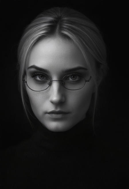 fine art portrait, masterpiece, infrared photography, black and white only, no colours used in image, close up dramatic face shot, full face and hair, dramatic side angled, beautiful young girl with prominent dimples and wearing glasses, Victorian blonde bun hairstyle,
ultra detailed skin, perfect eyes, calm expression, 
realistic high resolution image, life like quality, cinematic scene with natural window lighting on partial face, background window in shallow depth of field, fine art portrait photography,
natural skin texture, fine pores, realistic skin, intricate skin details,, skin dentation, black and white, dark vignette around image, Faceshot_By_stable_yogi-v2