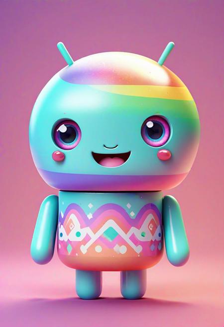 Adorable kawaii android with pastel-colored body in vector style, featuring vibrant rainbow patterns and expressive eyes. The design exudes cuteness with soft edges and a simple, clean line art. Bold use of flat colors enhances the visual appeal against a minimalist background. Highly detailed textures on the android's surface reflect light playfully, creating a dynamic yet whimsical effect. The overall composition is full of charm and joy, perfect for sticker usage across various media. Illustrated in high resolution with sharp focus to capture every delightful detail. Artstation style, optimized for digital stickers, flat design aesthetic, vibrant and eye-catching.