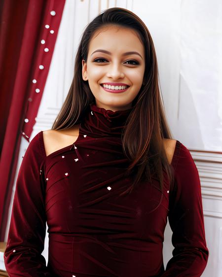 glamorous photo of dimz woman, conservatively dressed,  wearing Cinnamon high neck clothe that cover the neck chest and abdomen, smiling, simple romantic interior background in bokeh   <lora:dimz_Diya_Mirza_SD15_LoRA_prodigy_local_regs:1>