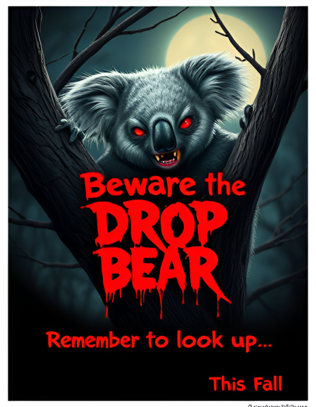 Horror Movie Poster, evil fluffy cute Koala in a tree with red eyes and fangs, Koala behind tree branch night photo, moonlight, creepy dripping red text, Title "Beware the DROP BEAR", on the bottom tagline "Remember to look up...", "This Fall"