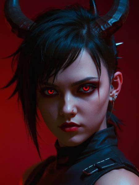red eyes, red background, 1girl, dark, horns  <lora:3DCyberpunkStyle_Hap_XL:1.3>,cyberpunk 2077 style,