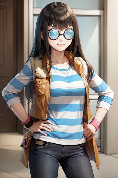 (masterpiece, best quality:1.2), <lora:yugioh_nagisa-10:0.8>, cowboy shot, solo, 1girl, carly nagisa, smile, closed mouth, hands on hips, long black hair, (coke-bottle glasses:1.2), brown sleeveless jacket, open jacket, striped shirt, jeans, wristband