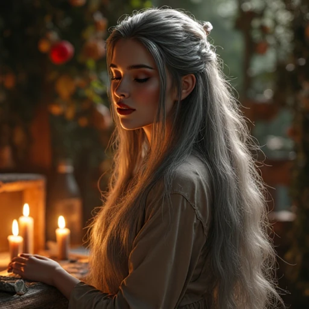 Woman with long silver or black hair, relaxed pose, flowing silk or layered robes, elegant forest den or bohemian interior, candlelight or soft firelight, clever expression, soft lighting, fantasy realism, high detail, peaceful and sensual atmosphere, warm tones.