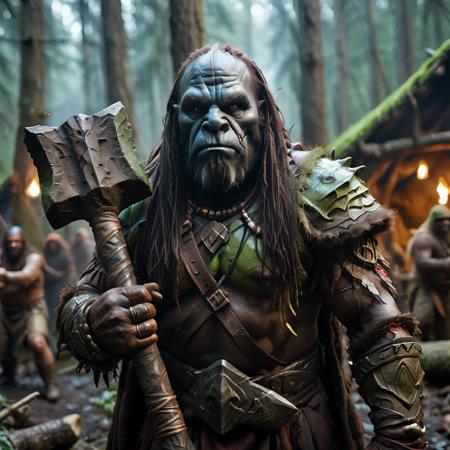 highly detailed portrait photo of a (ogre shaman):1.2  in a primitive camp in the forest.

ogre shaman, solo, long hair, brown hair, holding, weapon, male focus, armor, beard, axe,

performing magic in a primitive forest encampment,

depth of field:1.2, blurry, blurry background,
realistic:1.3,

photorealistic,
fantasy, cinematic,
32k, best quality, 


shadow play:1.1,




