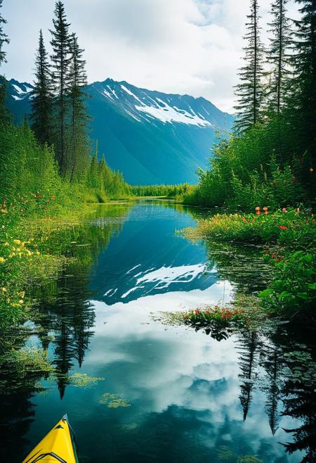 ()Hyoer Realistic:2.0)Polaroid picture of 
image of Eklutna Lake in Anchorage, Alaska, where the effects of climate change have transformed the lake into a lush, tropical paradise. The once-frozen landscape is now teeming with vibrant, tropical plants and flowers, and the air is warm and humid.
In the background, the majestic Chugach Mountains from Chugach State Park rise up, their peaks still capped with snow, but now surrounded by a halo of tropical greenery. The lake's surface is calm and reflective, with a few sailboats and kayaks gliding across its surface.
Capture the surreal, futuristic atmosphere of this scene, where the harsh, subarctic environment of Anchorage has given way to a vibrant, tropical oasis.