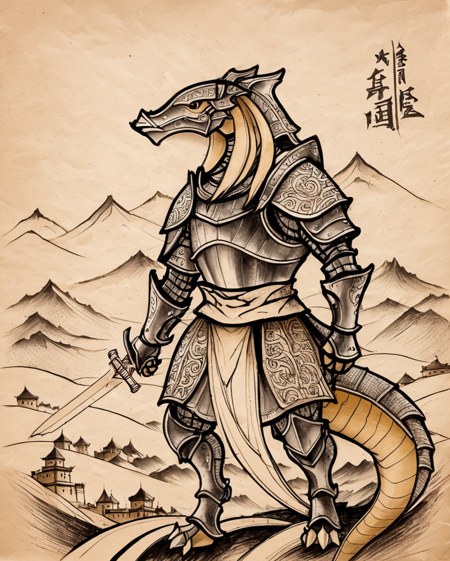 ink sketch on worn brown paper of a Muscular Bangaa warrior, shiny plate armor, traditional clan symbols, dragon motifs, fortress bastion, holding a mighty twohanded sword, mystical runes, determination, pride, long tail, rolling hills, distant mountains, clear sky, sentinel knight