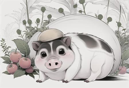 A clever little pig wearing a straw hat,sitting next to a pile of abundant fruits on a spacious farm. It happily enjoys the sunshine,stretches its legs,and munches on the fruits,best quality,non-color,<lora:animeoutlineV4_16:1>,<lora:bamaxiangzhu:1>,Chibi,big head, 