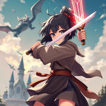 ((Top Quality, 8k, Masterpiece: 1.3)), (Photos, real:1.5), 美女、idol, imouto, kawaii, ((petite)), ultra-detailed face, students, unkempt black hair, armed clothes, skirt, ultra-detailed eyes, (soft), ((petite)), (((A fighter jumping high in the air, preparing to strike))), ((Fiction, A dragon flying over a castle, battling a brave Magical girl with a glowing sword)),  close-up, professional photograph,