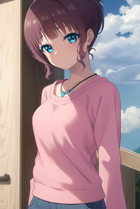 akari sakishima, short hair, blue eyes, brown hair, ponytail, jewelry, pants, necklace, denim, collarbone, long sleeves,