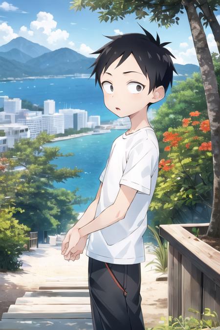 1boy, nishikata, black eyes, sanpaku, shirt, short pants, , city, beach, forest, mountain <lora:nishikata:0.7>