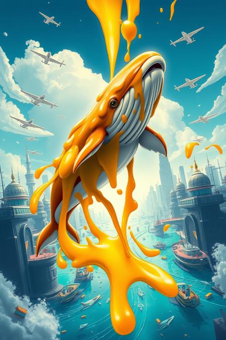 digital art, fantasy illustration, caramel whale jumping in the air, futuristic city in the background, planes, cars, boats, caraf, 