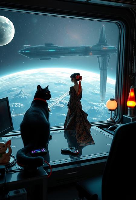 A sleek black cat with red collar sits on a cluttered metal riveted desk with transparent top and rgb led computer components visible inside, On the desk are a maneki neko statue and a lava lamp, the Black Cat is looking out of a seamless and futuristic floor to ceiling window that looks out at a planet from low orbit, (((a beautiful woman fully visible, 24 years old, is standing looking out the window, the woman is dressed in an ornate Japanese style futuristic formal gown (semi-risque) . An enormous deco-cyberpunk starship with futuristic lighting and an enormous space station are visible in the background among the stars, The woman's hair is pinned up with exquisite gold and jeweled chopsticks, and an artistic ribbon that contrasts perfectly with the gown. Artistic cyberpunk, dynamic perspective, (((overall architectural aesthetic is Art Deco Cyberpunk))).