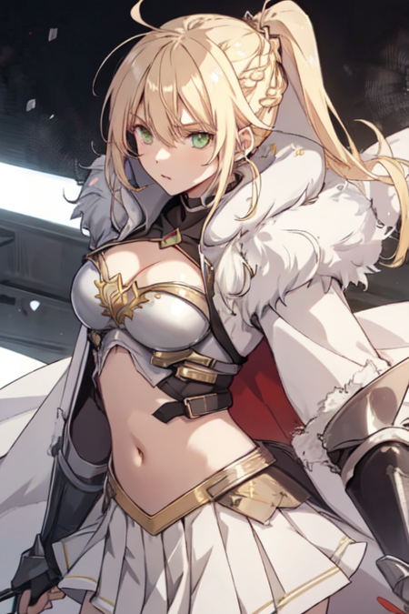 ReannaBrigantia, 1girl, green eyes, solo, blonde hair, ponytail, long hair, covered navel, white cape, ahoge, braid, pleated skirt, white skirt, hair between eyes, cleavage, medium breasts, fur-trimmed cape, armor, breastplate, 