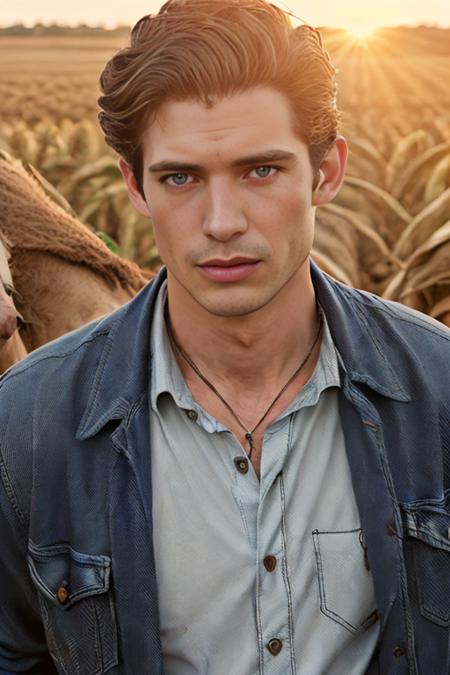 photo of dav person, man, david corenswet, as a farmer, farm house, plaid shirt, denim pants, ((cowboy shot:1.2)), ((medium shot:1.3)), in a corn field, at Kansas, male, stubble, medium hair, high contrast, detailed face, masterpiece, natura lighting <lora:DavidCorenswet-000003:0.90> realistic