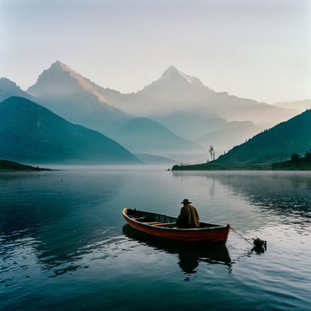 film photography style an old fisherman in a tiny boat, early foggy morning, moody and gloomy, with mountain shapes in the background, silhouette <lora:FILM_PHOTOGRAPHY_STYLE-000017:1>