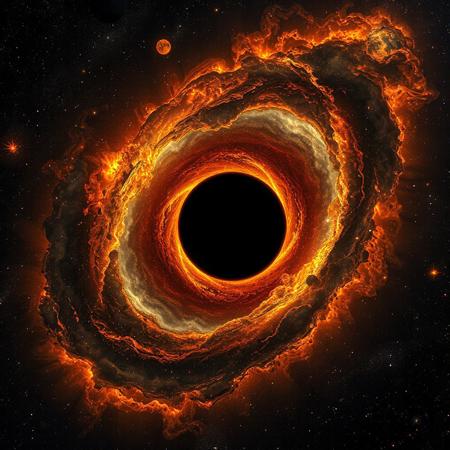 Ultra-realistic, masterpiece,amazing quality, black hole with orange light, black hole is sucking in any light around it, the vast space of the universe with dozens of suns, nebulas and a supermassive black hole in its center, brilliant shining stars around it, a mesmerizing picture, 
engaging, compelling composition,