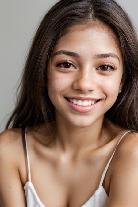 RAW photo of woman, (headshot:1.1) portrait on a black plain background, (smile, happy:1.1), sharp focus, best quality, extremely detailed). BREAK r1ta-001, brunette hair, brown eyes. fcHeatPortrait  (happy512:0.85)  <lora:hairdetailer:1>