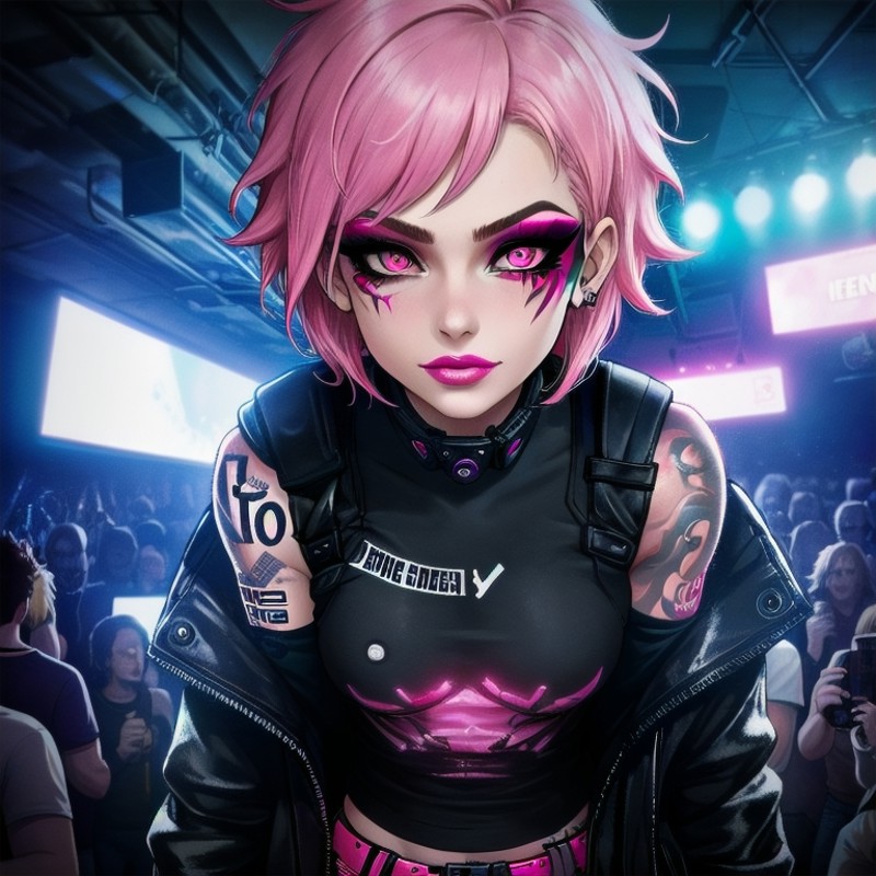 close-up, night club, underground club, neon lights, a punk female, makeup, short pink hair, tattoo, techwear outfit, crow...