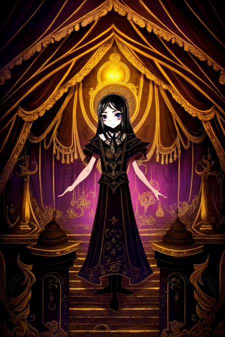 <lora:TaS_v1:1> masterpiece, highly detailed 8k raw photo, best quality, intricate details, Occultist 1girl in  xyzdd style, A sinister carnival tent, filled with eerie attractions and mysterious performers