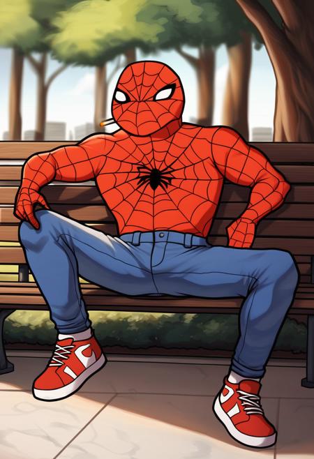 spider-meme, spider-man, mask, spider web print, red bodysuit, blue bodysuit, multicolored clothes, spideysuit, spider web print, meme, cartoon style, parody, big head, (extended head),white eyes,  white eyes without a pupil, red mask, blue pants, red shoes, red gloves, one-piece suit, one-piece  cosbenezon, holding a guitar, guitar, playing a guitar,  (open mouth),