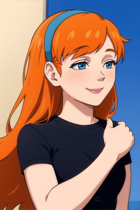 <lora:jasmine_fenton:0.6>, jasmine fenton, masterpiece, best quality, 1girl, solo, orange hair, long hair, smile, blue eyes, hairband, looking up, upper body, black shirt,