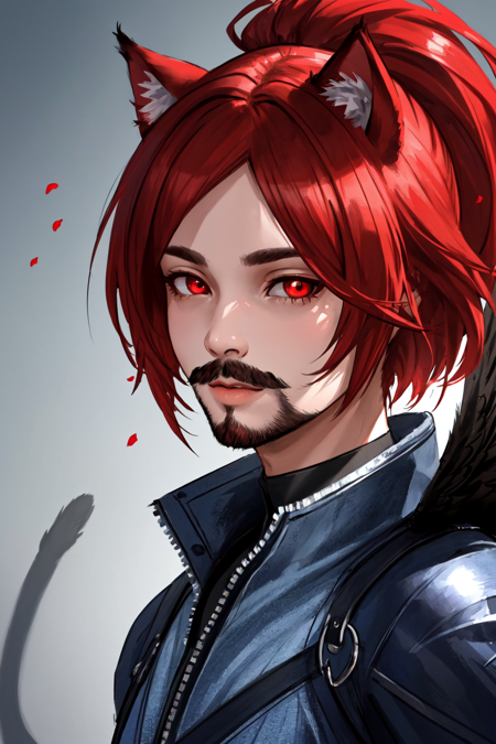 (masterpiece, best quality, ultra-detailed, highres, best illustration),perfect face, ((solo, solo focus)),sidelighting, lustrous skin,(bloom), (shine), ray tracing,solo,solo,animal ears, 1boy, solo, male focus, facial hair,red eyes , looking at viewer, beard, red hair, mustache, wings, lips,cat ears,depth_of_field,very detailed background,extreme light and shadow,(detailed eyes), (beautiful) beautiful detailed eyes, perfect lighting , perfect anatomy,(extremely detailed illustrated 8k wallpaper),(masterpiece), (best quality), (ultra-detailed), (best illustration),(best shadow) , vivid colors,