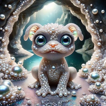 A puppy frog made out of Pearlum, in a Pearlum cave with a glittering lake, fantastical, whimsical, cute, big eyes  <lora:Pearlum_World_Morph:1>