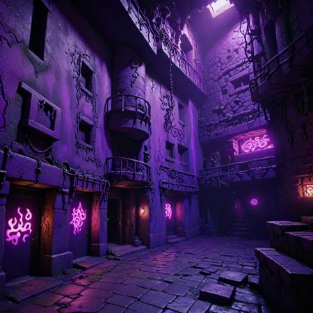 (stylized by theCHAMBA:0.9) , anime key visual, surreal, modelshoot style shot of a ("The Dungeon of Evil":1.3) , it is very Margins Art and Curly, dense cityscape and indoors, Foggy conditions, Panorama, Relieving, Duckcore, Sun Rays, 50mm, psychedelic colors, Dufaycolor Photograph, fluorescent purple paint splotches, Best quality, extremely detailed CG Unity 8k wallpaper