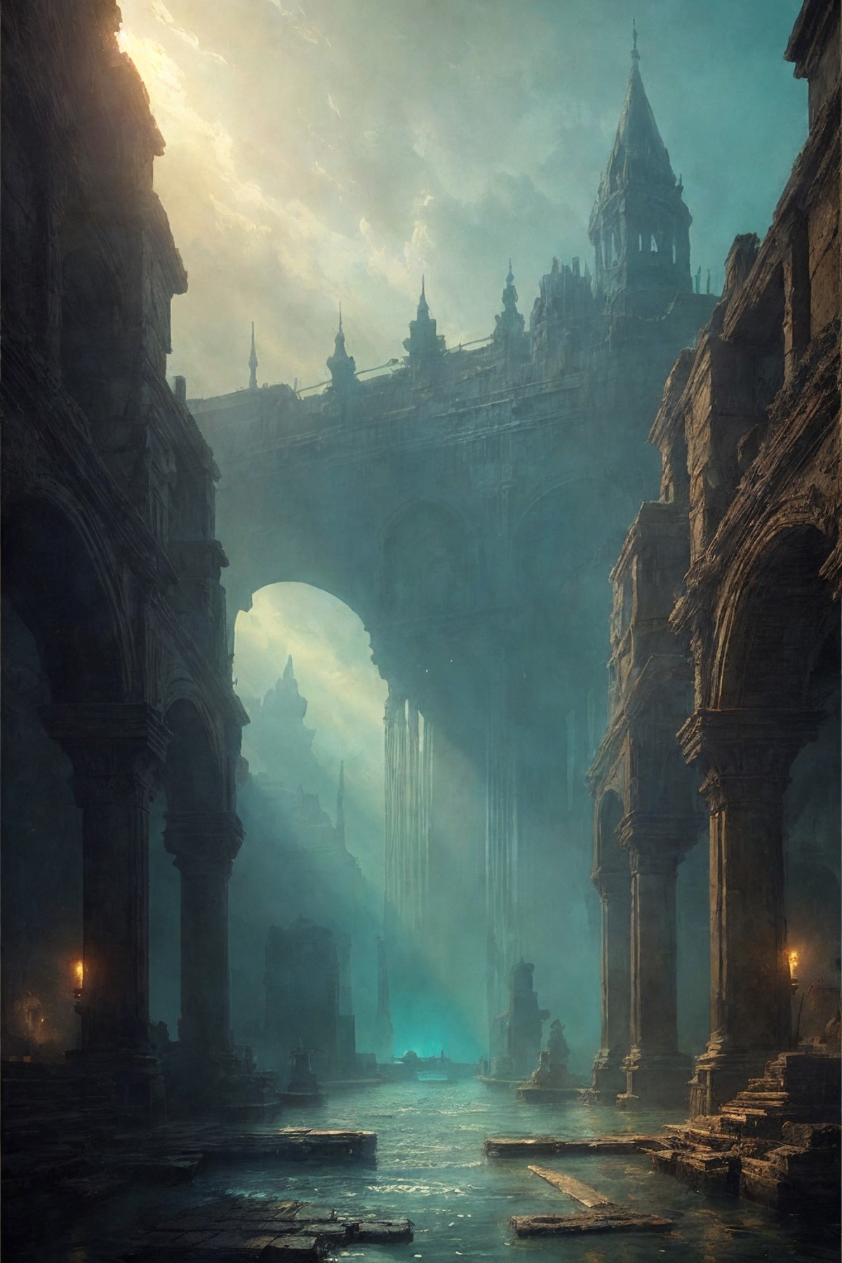 oil painting, underwater image of a ancient city, glowing, by Greg Rutkowski