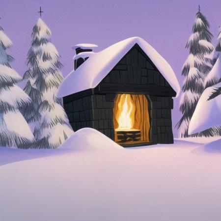 <lora:hannabarbera1:1> hanna barbera, cottage, snow, snowy mountain, forest, winter