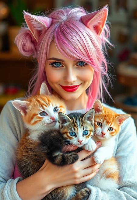 realistic photo of a beautiful pink haired catgirl, (caucasian woman:1.2), holding cute colorful cats