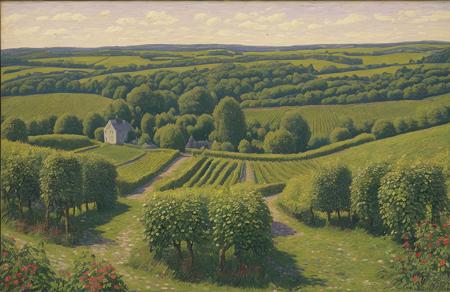 style of Henry Moret, arboretum ,hedgerow,terrace ,clump ,vineyard , Taiga ,