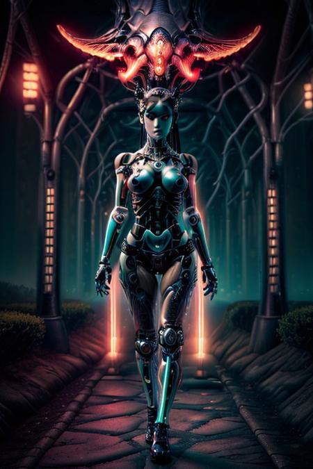 A feminine humanoid AI with sleek features and glowing neon patterns walks through a landscape where nature and technology coexist. Trees with holographic leaves, robotic birds, and flowing rivers of light surround her as she admires the beauty