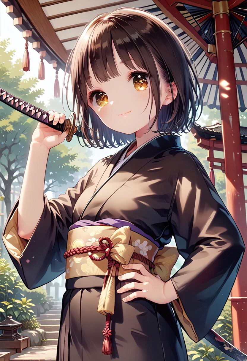 score_9, score_8_up, score_7_up, 1girl, YukiuCP, masterpiece, best quality, ultra high res, smiling, happy, (detailed eyes:1.2), 1girl, solo, japanese clothes, short hair, weapon, sword, brown eyes, looking at viewer, kimono, brown hair, lips, hand on hip, sheath, smile, katana, black hair, upper body, closed mouth, sheathed, hand up  <lora:nobu-1:1>