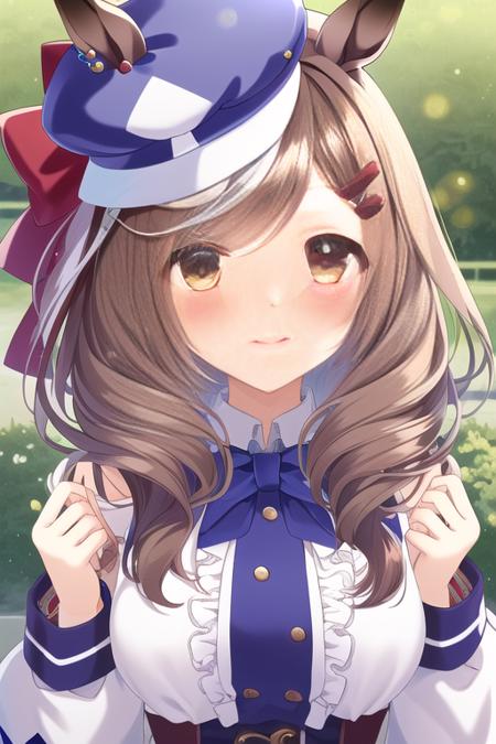 original, masterpiece, extremely detailed CG unity 8k wallpaper, highlight, best quality, bokeh, 

<lora:Matikanetannhauser:0.8>, umamusume, horse ears, animal ears, brown hair, hair ornaments, wearing a blue hat,