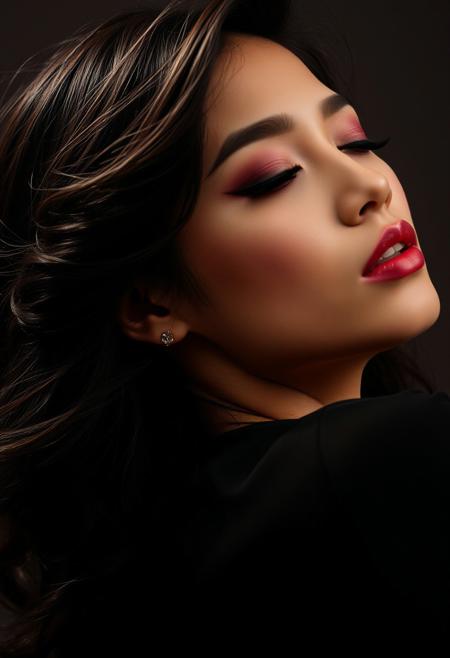 A seductive 25-year-old Vietnamese woman, captured in a moment of intense passion. Her raven hair, styled in loose waves, flows freely backward, framing her face and adding a touch of mystery. Both eyes, closed in ecstasy, are framed by dramatic winged eyeliner and a sultry, smokey eyeshadow. Her lips, slightly parted in a sensual pout, invite a kiss. The subtle contouring highlights her cheekbones, adding depth and dimension to her face. Her head is tilted slightly backward, her neck arched in a moment of surrender. The photographer’s expert use of lighting and shadow creates a dramatic, almost cinematic atmosphere, emphasizing her raw sensuality and dangerous allure. Every curve, every breath, is a deliberate invitation to a world of desire.
