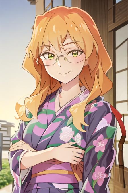 best quality, masterpiece, highres, solo, {yukata:1.40}, {kimono:1.20}, {chibana_sumika_watashinoyuriwaoshigotodesu:1.15}, long_hair, blonde_hair, glasses, green_eyes, smile