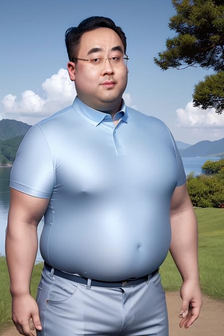 masterpiece, best quality, one man, short hair, glasses, blue eyes, light skin, blue sky, landscape background,  stand, fatty face, large breasts, loose trousers,muscular, asian,chinese, <lora:ChenRui:1>