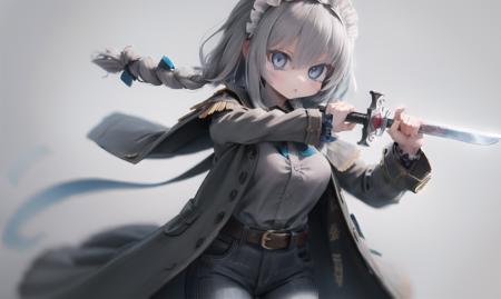 finely detail, Depth of field,best quality, illustration,highres,intricate detail, an extremely delicate and beautiful,,fighting stance, holding sword, 
1girl,solo,izayoi sakuya,blue eyes, grey hair,short hair,  twin braids,long hair,blue bowtie, hair bow, ribbon,, breast,headdress, braid,grey coat, grey shirt,belt,black jeans,
simple background,dynamic pose, <lora:20240110-1704857272830-0015:0.3>