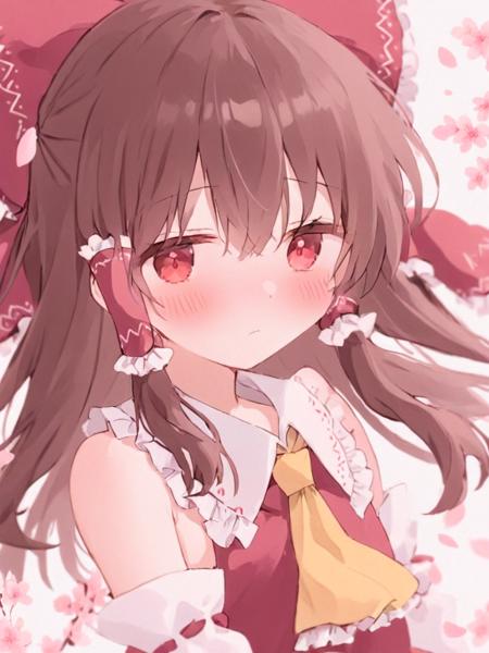 <lora:åä¸½çµæ¢¦:1>,1girl, solo, hakurei_reimu, bow, hair_tubes, red_bow, brown_hair, red_eyes, detached_sleeves, hair_bow, long_hair, simple_background, blush, upper_body, bangs, ascot, pink_flower, flower, hair_between_eyes, yellow_ascot, looking_at_viewer, frills, bare_shoulders, petals, cherry_blossoms, frilled_bow, frilled_hair_tubes, white_background, white_sleeves