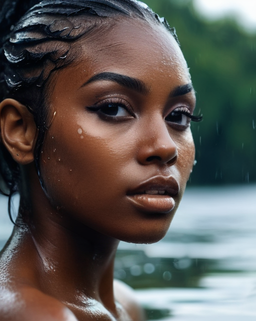 fashion editorial, a portrait of a young beautiful black woman in water drops, wet hair and skeen, mystical gaze, highres, realistic photo, professional photography, cinematic angle, dynamic light back shining,