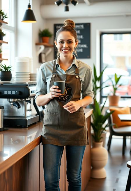 a full-body view of a cheerful young woman, age 26, standing behind the counter of a stylish coffee shop, holding a steaming cup. She’s wearing a casual shirt, jeans, and an apron with the shop’s logo. The background includes artisan coffee machines, potted plants, and cozy seating. Photographed with a 35mm lens for warm and inviting details, MidJourney v6.