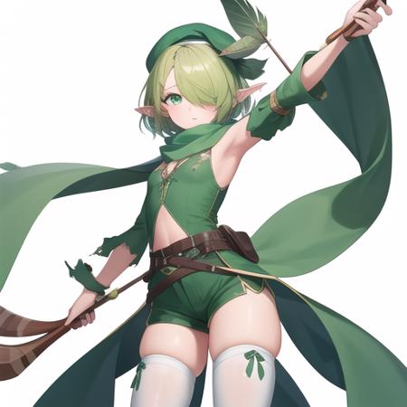 (masterpiece, best quality:1.2),illustration,8k,hd,1girl,green scarf,pointy ears,elf,hat feather,two-tone shirt,torn scarf,green shirt,detached sleeves,shirt,scarf,solo,holding,hair over one eye,green eyes,white shirt,hat,sleeveless shirt,green sleeves,short hair,green headwear,bow \(weapon\),sleeveless,holding bow \(weapon\),shorts,beret,green hair,thighhighs,weapon,white background,armpits,holding weapon,green thighhighs,simple background,striped thighhighs,looking at viewer,vertical-striped thighhighs,arrow \(projectile\),green shorts,small breasts,quiver,feathers,<lora:Futaba Aoi-V1:0.9>