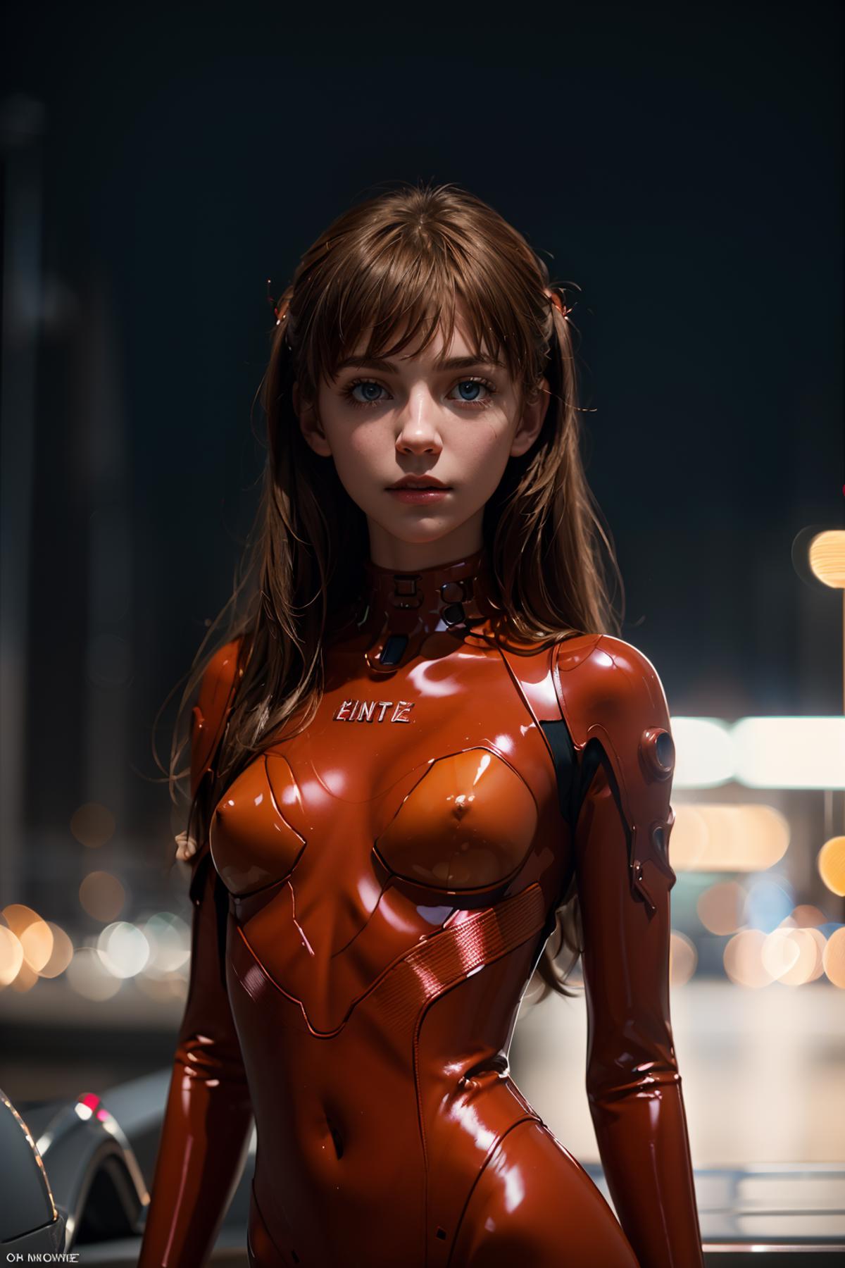 A young woman wearing a red tight bodysuit.