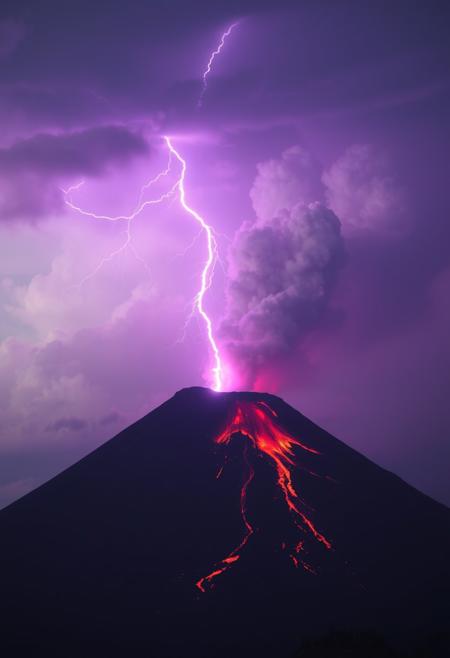 purple lightning over an erupting volcano, lightning strikes in the clouds of soot of the volcano