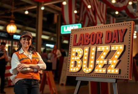 Get ready for an unparalleled Labor Day celebration, where your hard work is recognized with extraordinary rewards. Picture a dynamic scene with a confident female worker standing proudly beside a striking cardboard display titled ‘Labor Day Buzz.’ The sign, adorned with intricate designs and vibrant colors, symbolizes the spirit of the day and the power of labor. The worker, dressed in professional attire, embodies the strength and dedication of all who contribute to our world. As you step into this vibrant atmosphere, you’ll discover exclusive surprises and luxurious offers crafted just for you. Whether you’re looking to unwind or indulge, our top-tier rewards will elevate your Labor Day experience. Celebrate your achievements in style – because this day is a tribute to the labor that drives progress