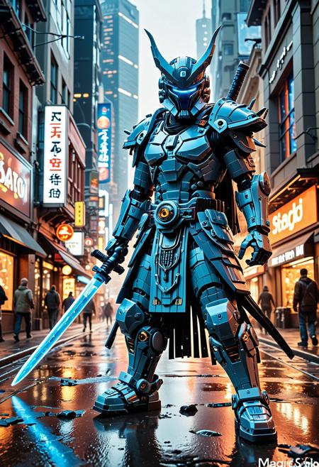 LEGO SDXLposXL, A futuristic cyber samurai with a glowing katana, made of lego, lego parts, their mechanical armor reflecting the neon lights of a cyberpunk city. In a battle-ready stance, the sword hums with energy, ready to strike through the digital fog of the urban streets. smooth metallic surface with glowing blue circuits running through the armor, holographic visor displaying data, futuristic city background, smooth metallic surfaces with glowing neon lines, holographic data streams surrounding the character, futuristic city with neon lights in the background, sleek chrome-plated armor with glowing neon accents, holographic displays in the background, futuristic city skyline with digital billboards, neon glow reflecting off wet pavement, digital advertisements flickering in the distance, air filled with static hum,