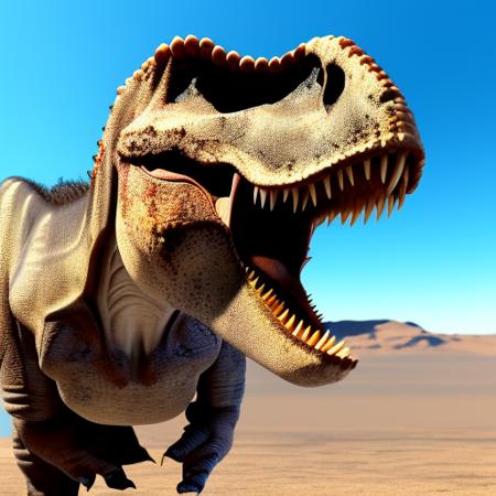 tyrannosaurus, roar, no humans, sky, sharp teeth, open mouth, outdoors, day, teeth, desert, blue sky, solo, dinosaur, standing, cloud, mountain